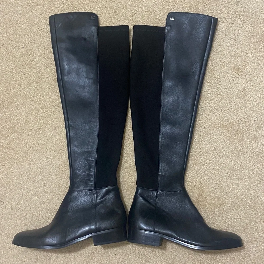 NWOB MICHAEL KORS Poly-Spandex & Black Leather Boots w MK Logo Women's Size 5M